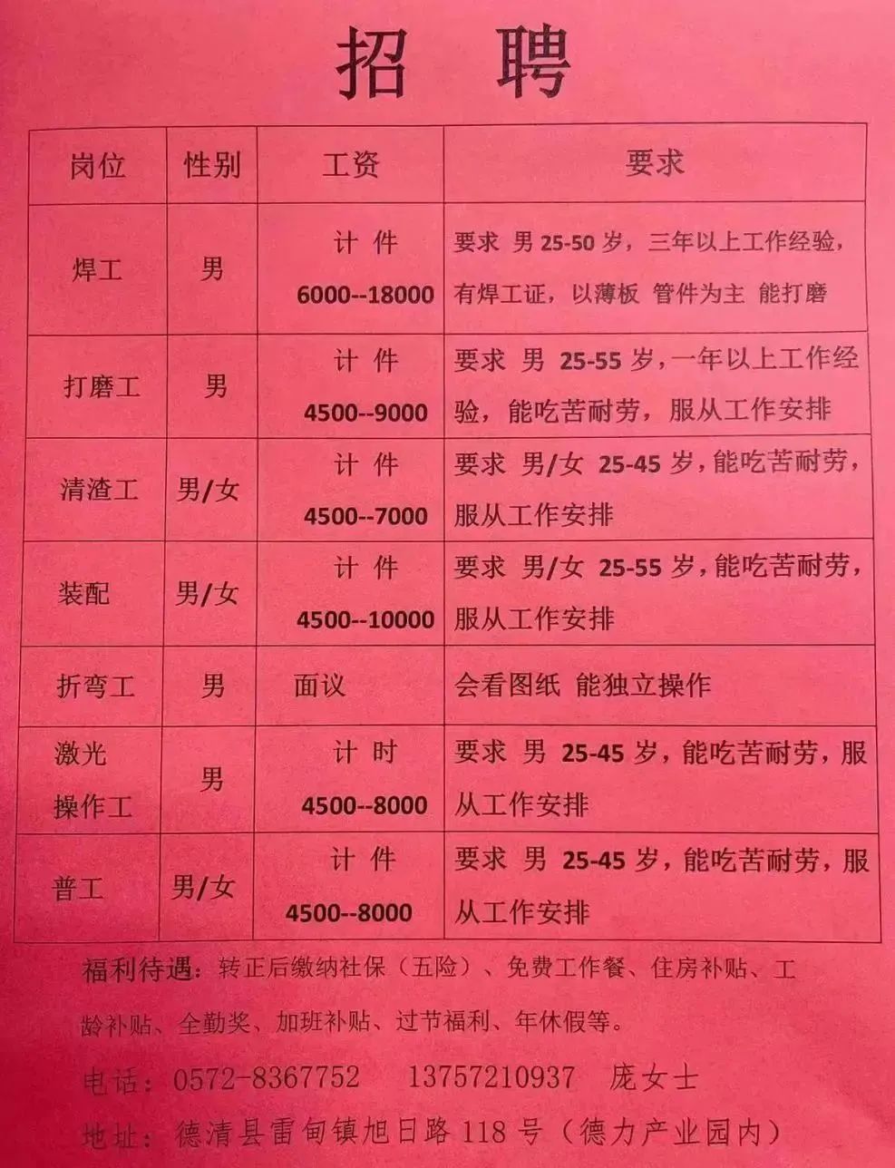 莱西最新女工招聘信息汇总